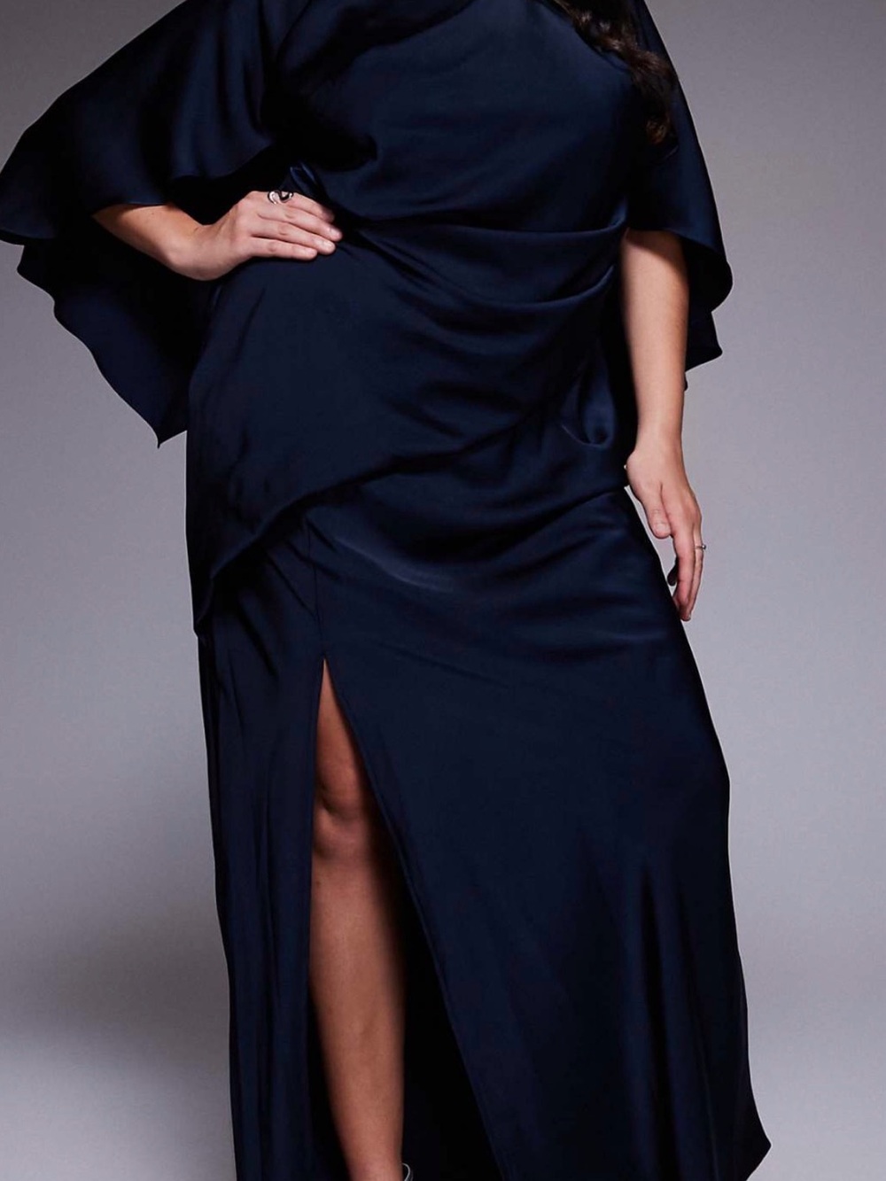 ASOS Curve Midnight Navy Satin Maxi Dress with Cape Sleeves